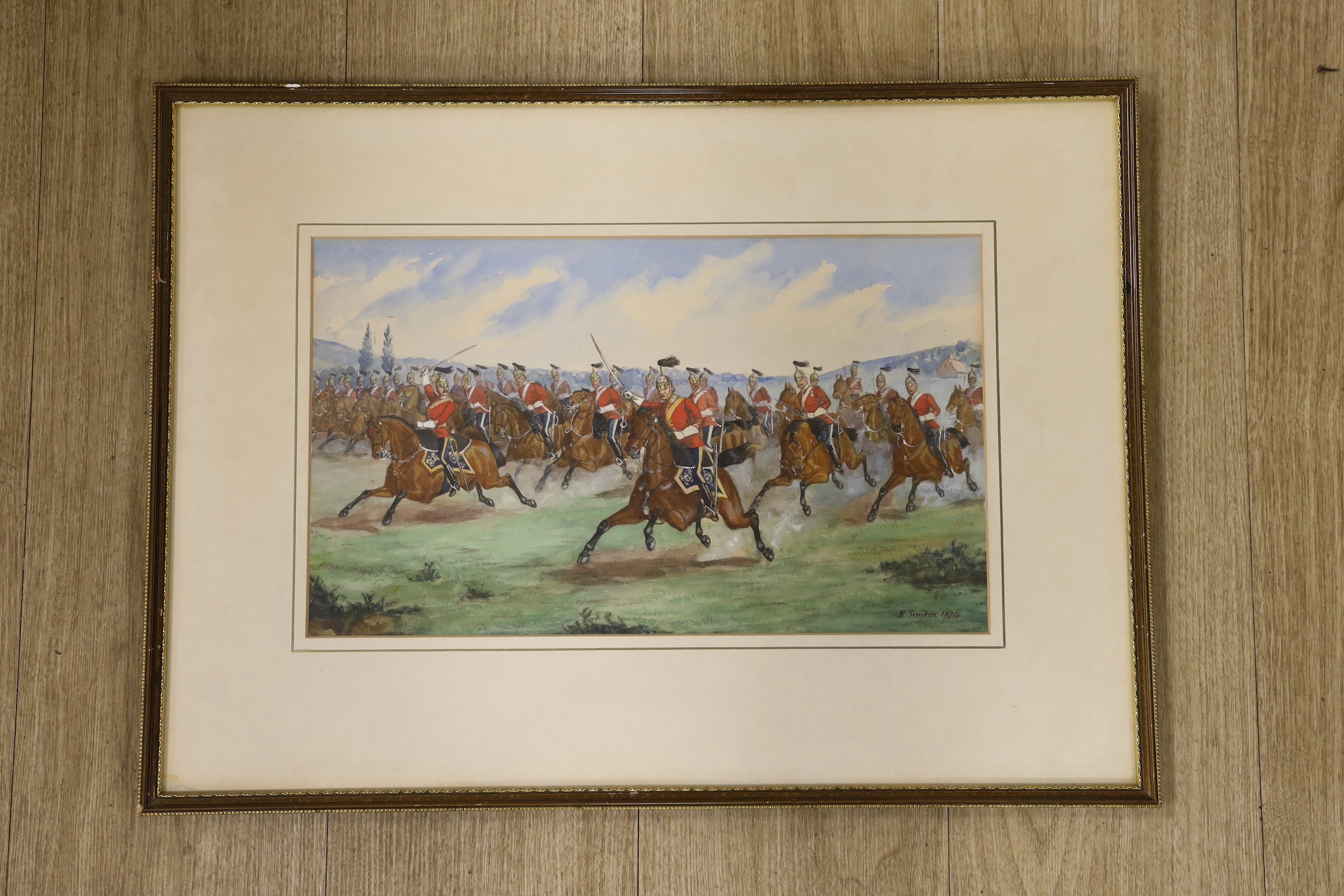 Richard Simkin (1840-1926), watercolour, Charging Cavalry, signed and dated 1874, 23 x 40cm